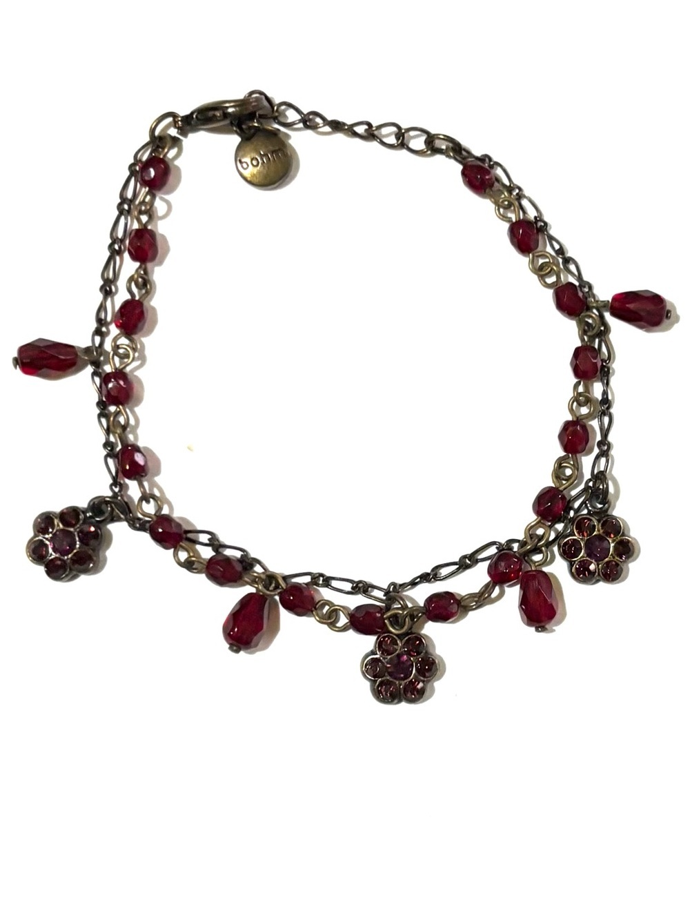 Ruby Red Charm Bracelet with Floral Crystal Drops - Charming Women's Jewelry